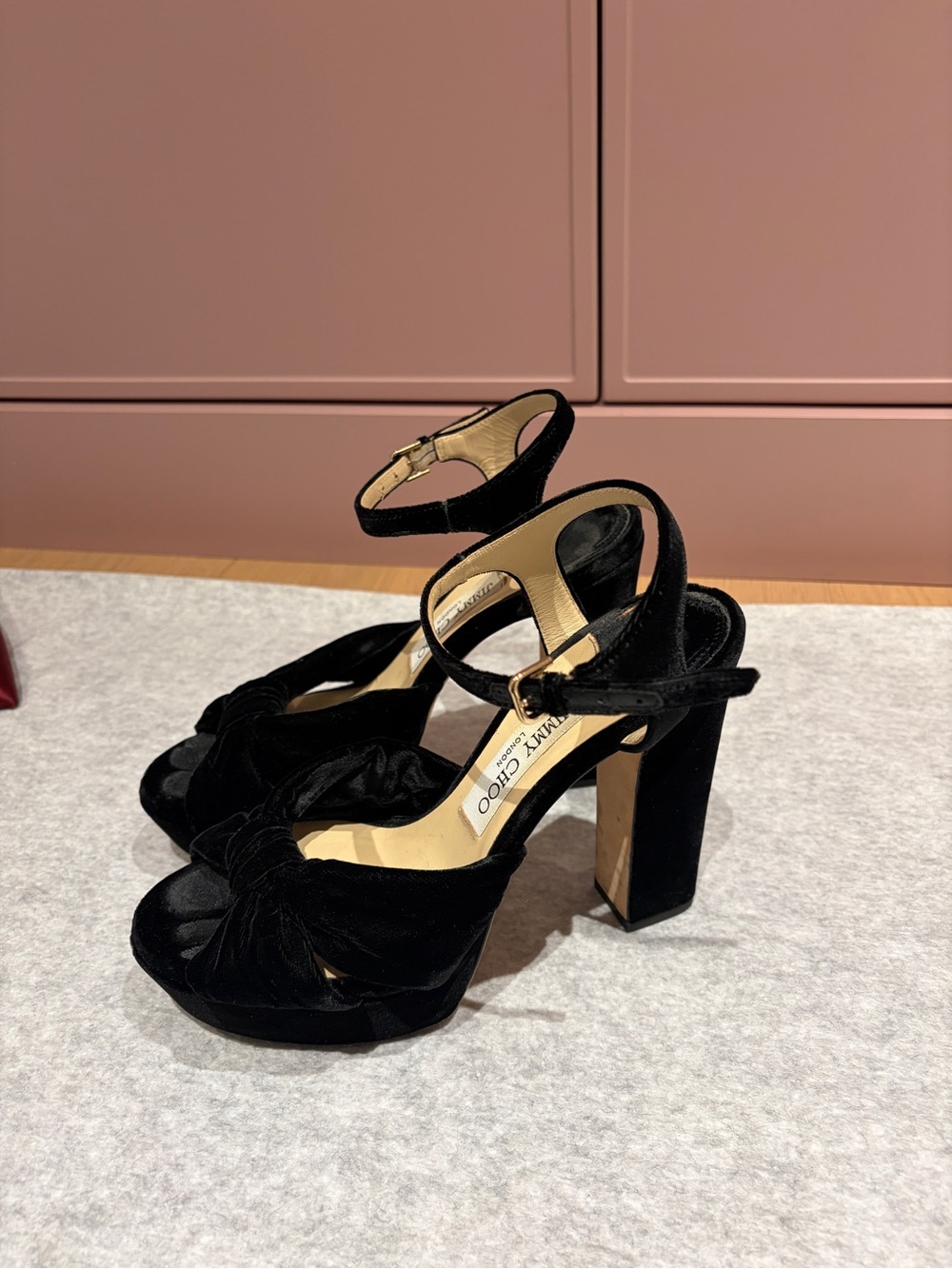 Jimmy Choo Black Velvet Knotted Platform Heel Sandals